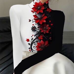 Oriental high neck Black and White Floral Long Sleeve Top